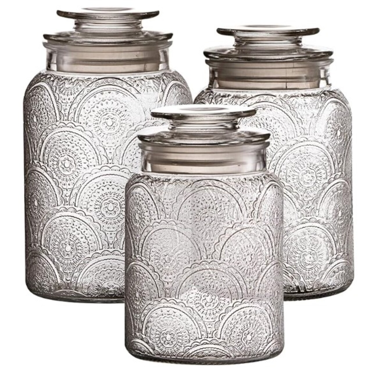 Canister Set 3-Piece Glass Jars with Airtight Lids in 34oz, 44oz, and 54oz Retro Designs for Cookies, Candy, Coffee, Flour, Sugar, Rice, Pasta, Cereal, and More